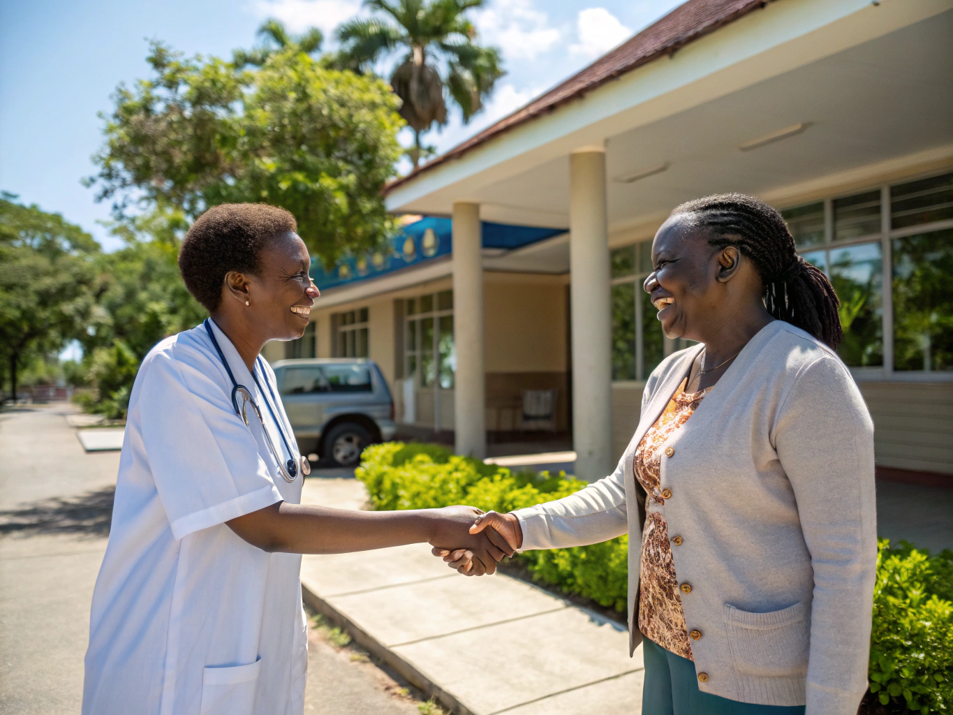 International life-science innovator and Ghanaian healthcare executive shaking hands in front of modern Accra medical hub skyline